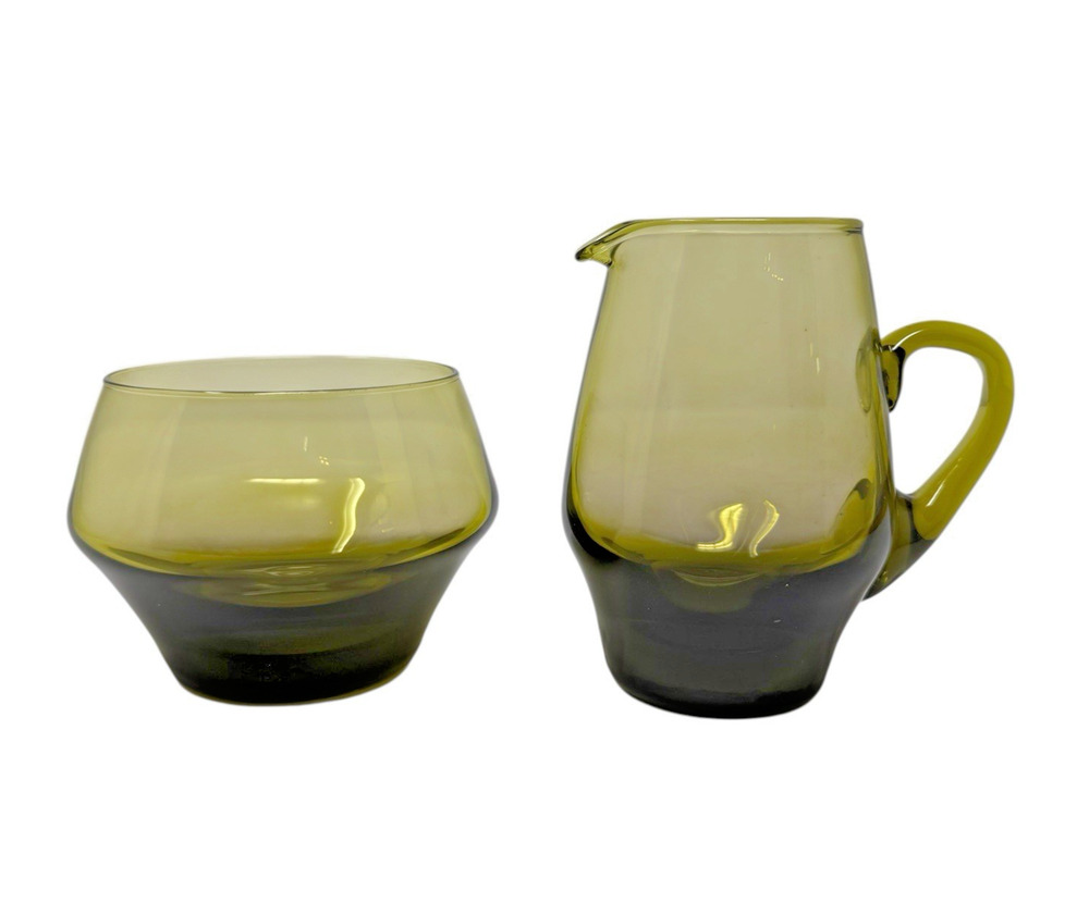 MCM Avocado Green Handblown Glass Pitcher & Cup Lot of 2 Mid Century Modern